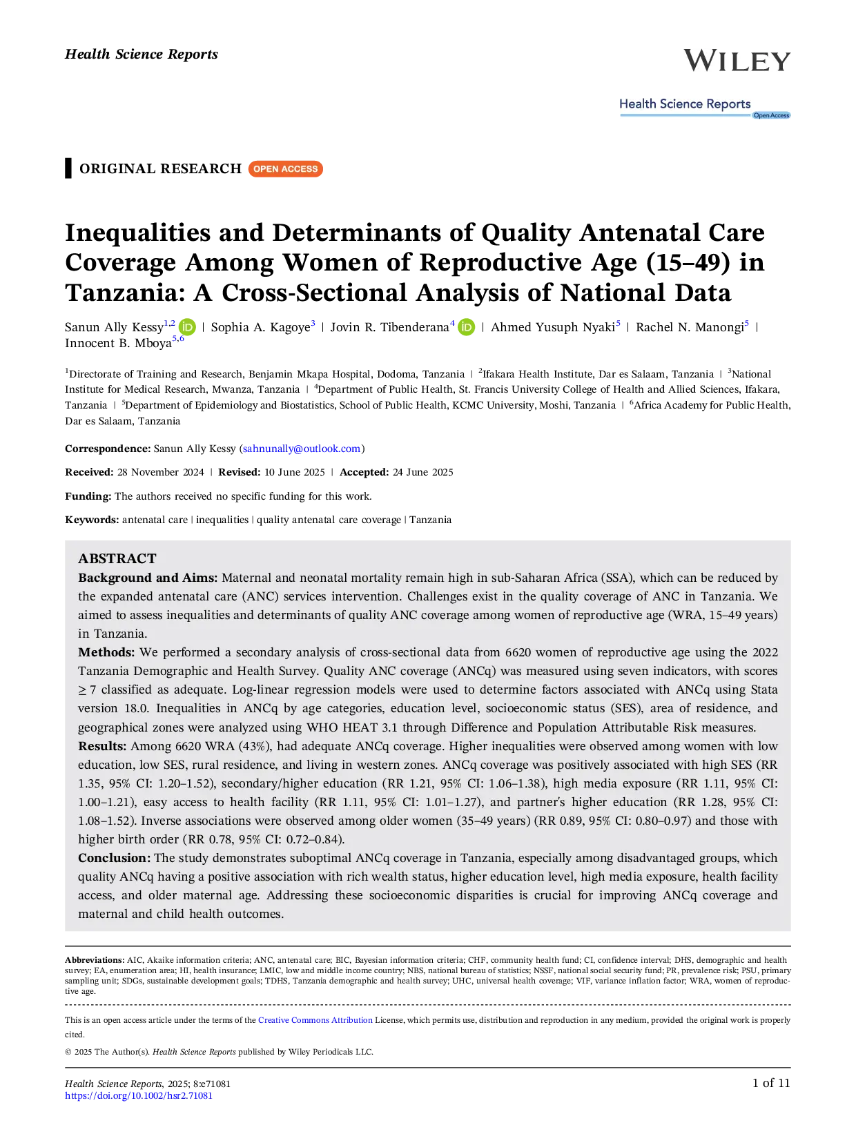 Inequalities and Determinants of Quality Antenatal Care Coverage Among Women of Reproductive Age (15β49) in Tanzania: A CrossβSectional Analysis of National Data